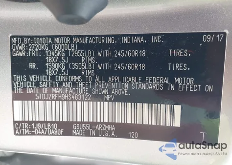 2017 Toyota Highlander Xle из США, поврежденный, VIN 5TDJZRFH9HS483122